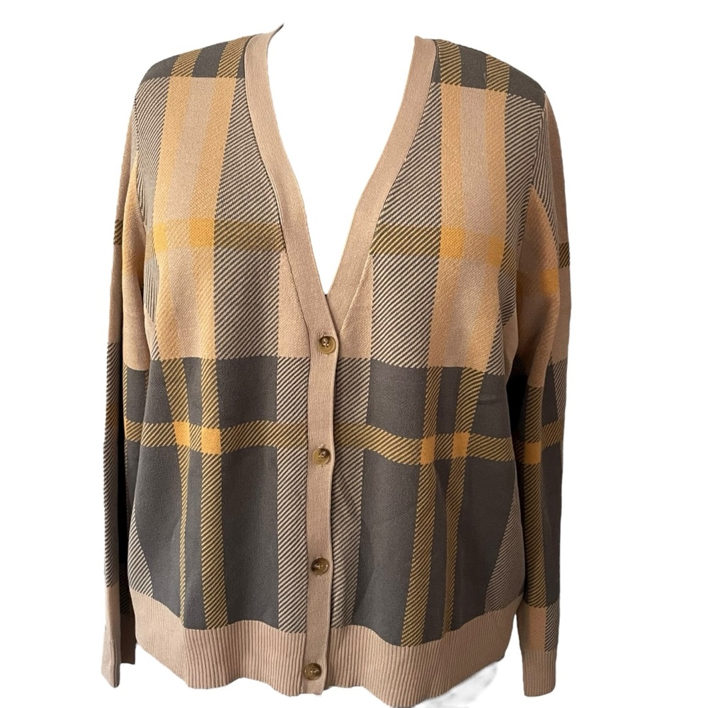 Studio Plaid long sleeve Button-Up Cardigan in Tan and Brown V-Neck Sz: XL NWOT